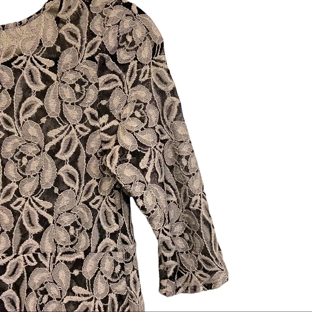 Free People Black Gray Floral Lace Sheer Three-quarter Sleeve Feminine Dress